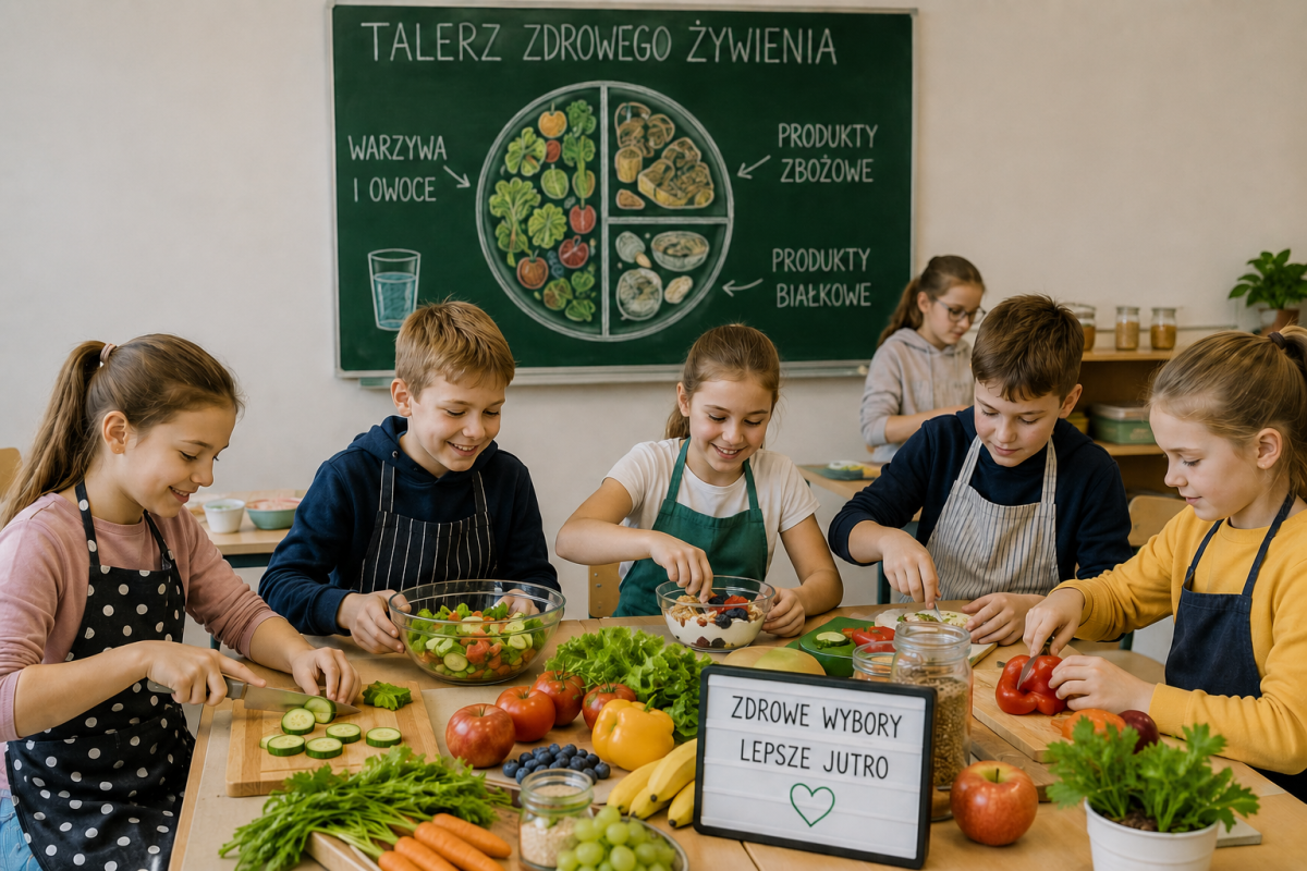 Grupa dzieci w wieku szkolnym pracuje przy stole podczas zajęć z zasad racjonalnego żywienia.