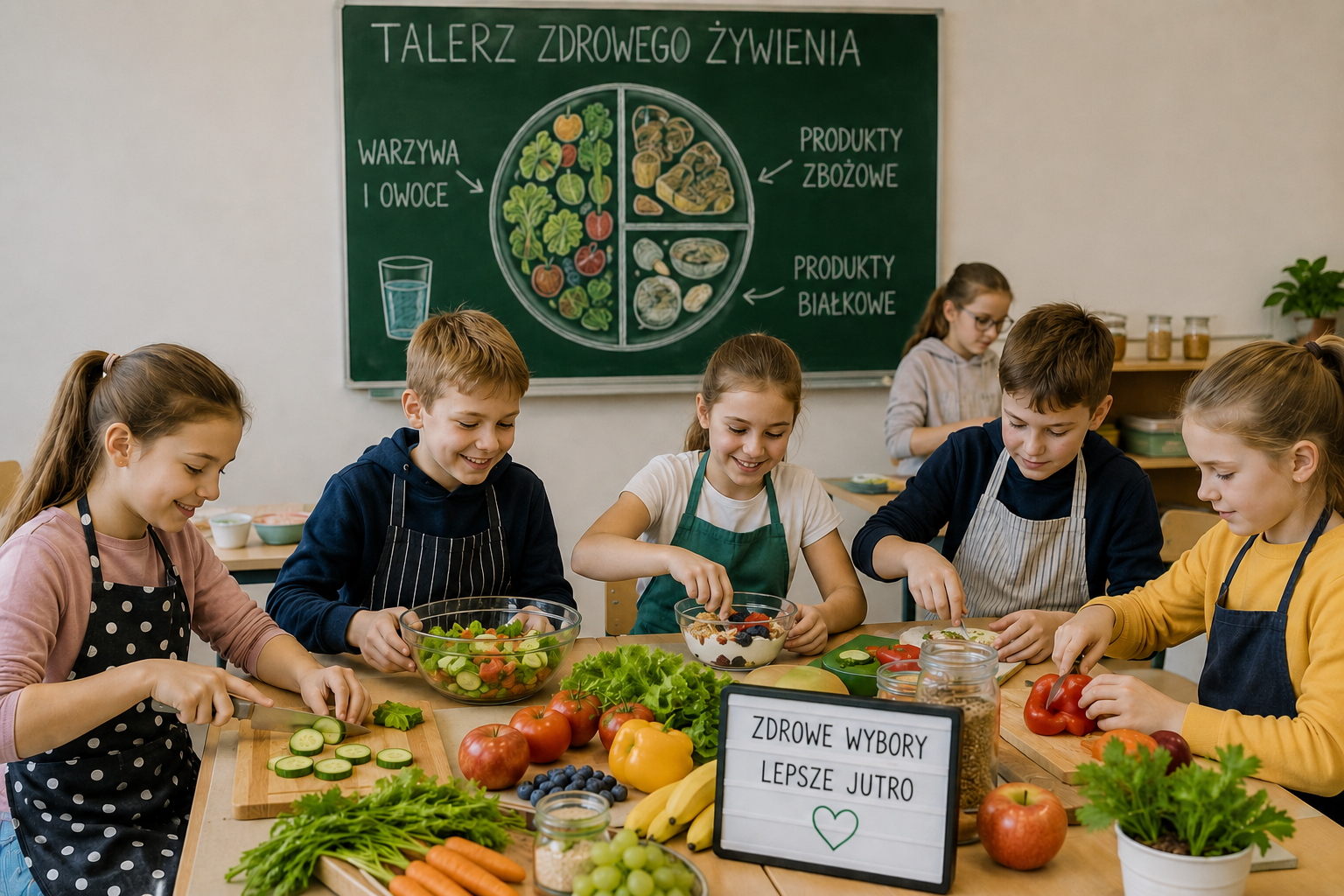 Grupa dzieci w wieku szkolnym pracuje przy stole podczas zajęć z zasad racjonalnego żywienia.