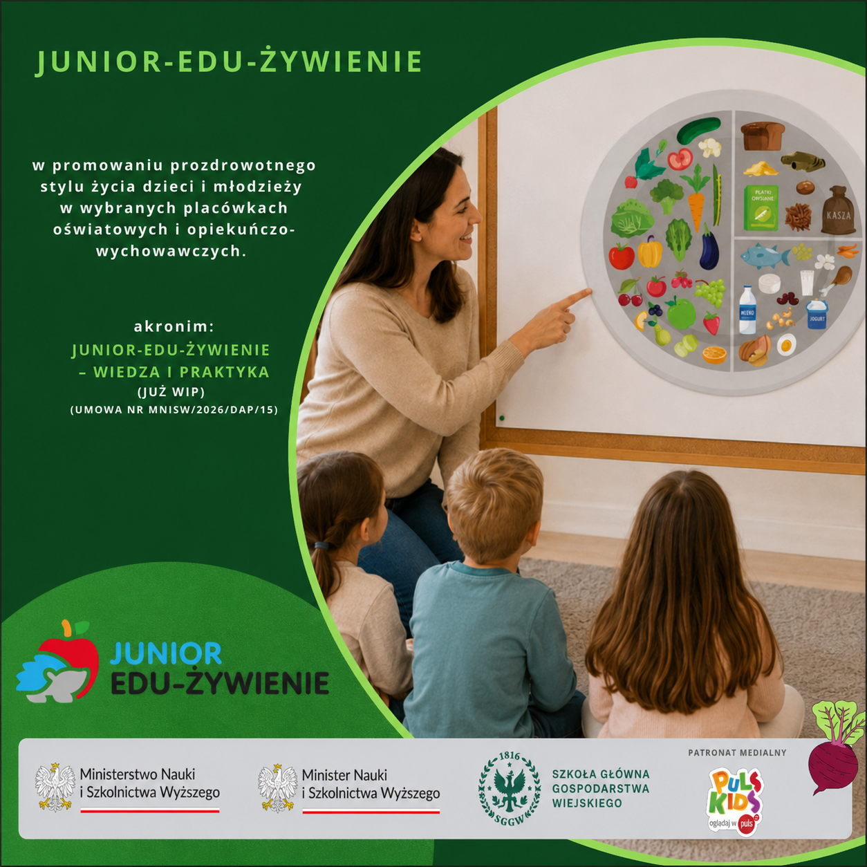grafika przedstawiająca nauczyciela wyjaśniającego dzieciom zasady racjonalnego żywienia z użyciem talerza zdrowego żywienia